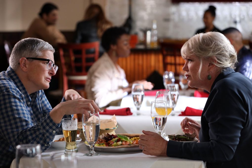 “Saturday Night Live” alum Julia Sweeney, right, plays a parody of herself on the new Showtime show, “Work in Progress,” created by and starring Abby McEnany, left. (Adrian S. Burrows / Showtime)