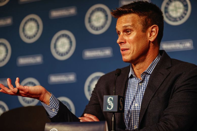 Mariners general manager Jerry Dipoto talks about expectations for the team this season during Thursday’s pre-spring training luncheon at T-Mobile Park. (Dean Rutz / The Seattle Times)