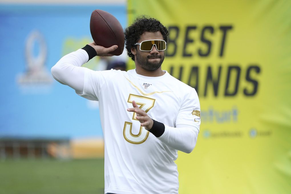 NFC quarterback Russell Wilson of the Seattle Seahawks is seen at the 2020 Pro Bowl Skills Showdown Wednesday, January 22, 2020, in Kissimmee, Fla. The event will be broadcast tomorrow at 9pm ET on ESPN. (AP Photo/Gregory Payan) NYOTK NYOTK (Gregory Payan / The Associated Press)