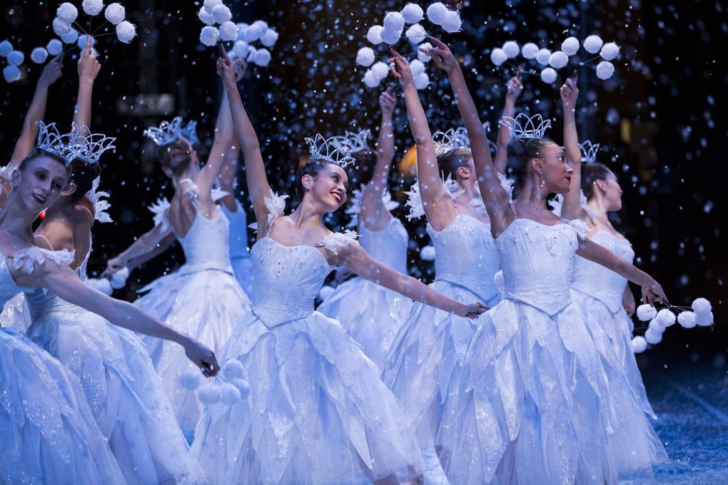 Pacific Northwest Ballet company dancers in the snow scene from George Balanchine’s “The Nutcracker” by George Balanchine. (Angela Sterlig)