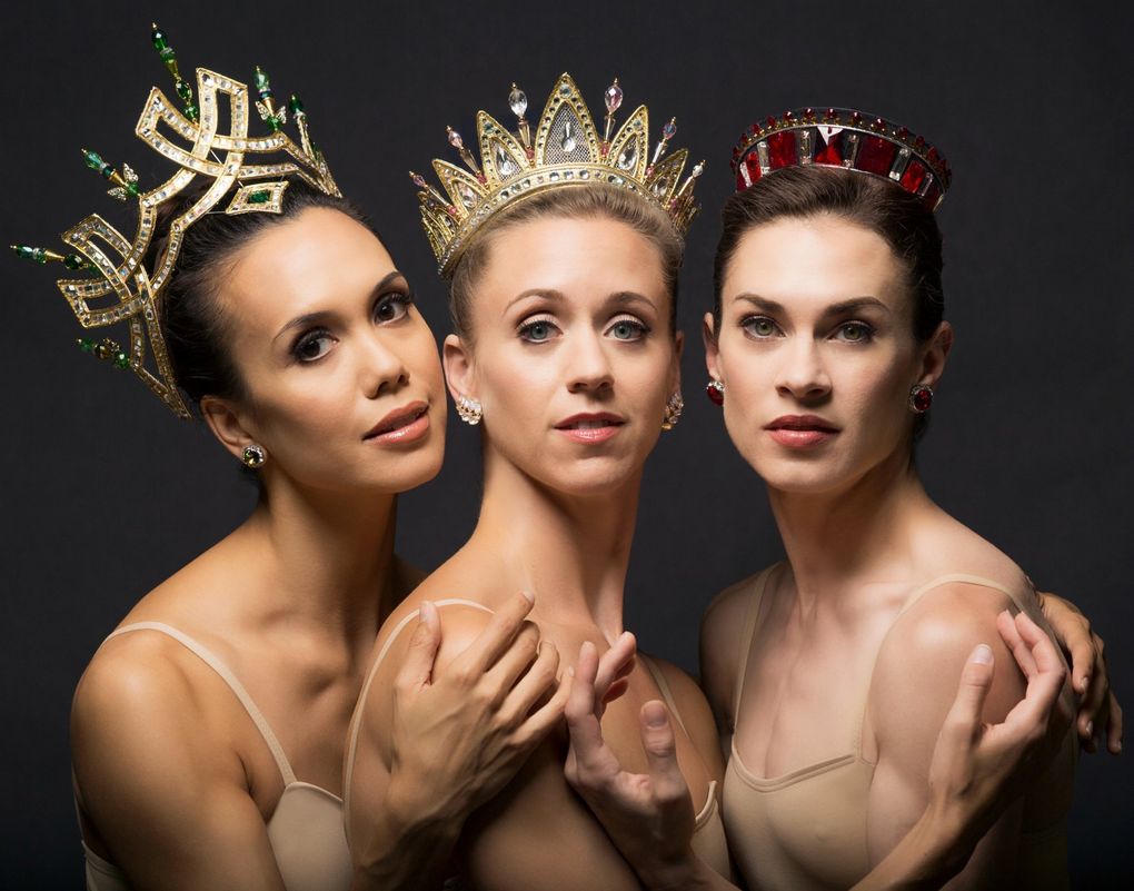 Pacific Northwest Ballet principal dancers Noelani Pantastico, left, Lesley Rausch, center, and Rachel Foster model tiaras designed by Jerome Kaplan and created by Terry Frank for George Balanchine’s “Jewels.” (Angela Sterlig)