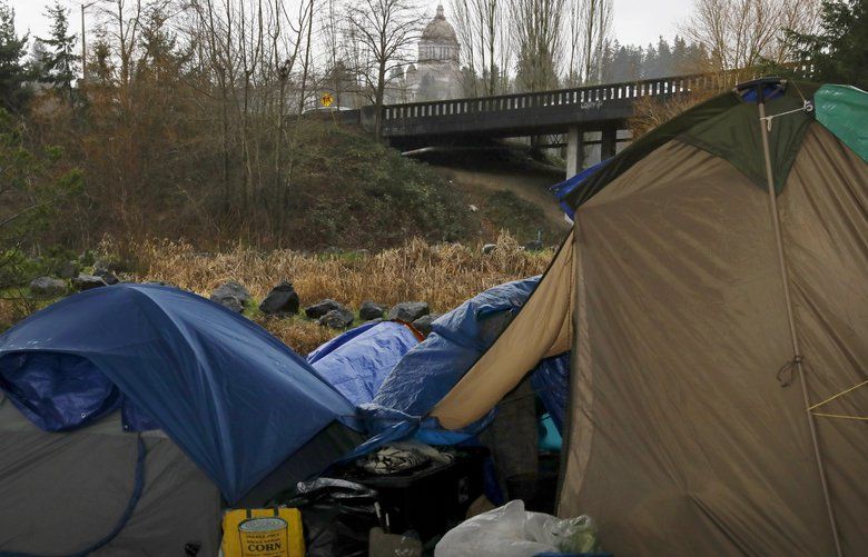 The Capitol dome, off in the distance, is viewed from a homeless encampment under the 4th Avenue Olympia Yashiro Friendship Bridge, just after police posted that the area would be swept, Tuesday, Jan. 21, 2020 in Olympia. 212722