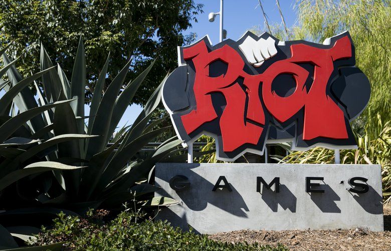 A logo sign outside of the headquarters of Riot Games, Inc., in Los Angeles, California on September 15, 2018. (Kristoffer Tripplaar/Sipa USA/TNS)

