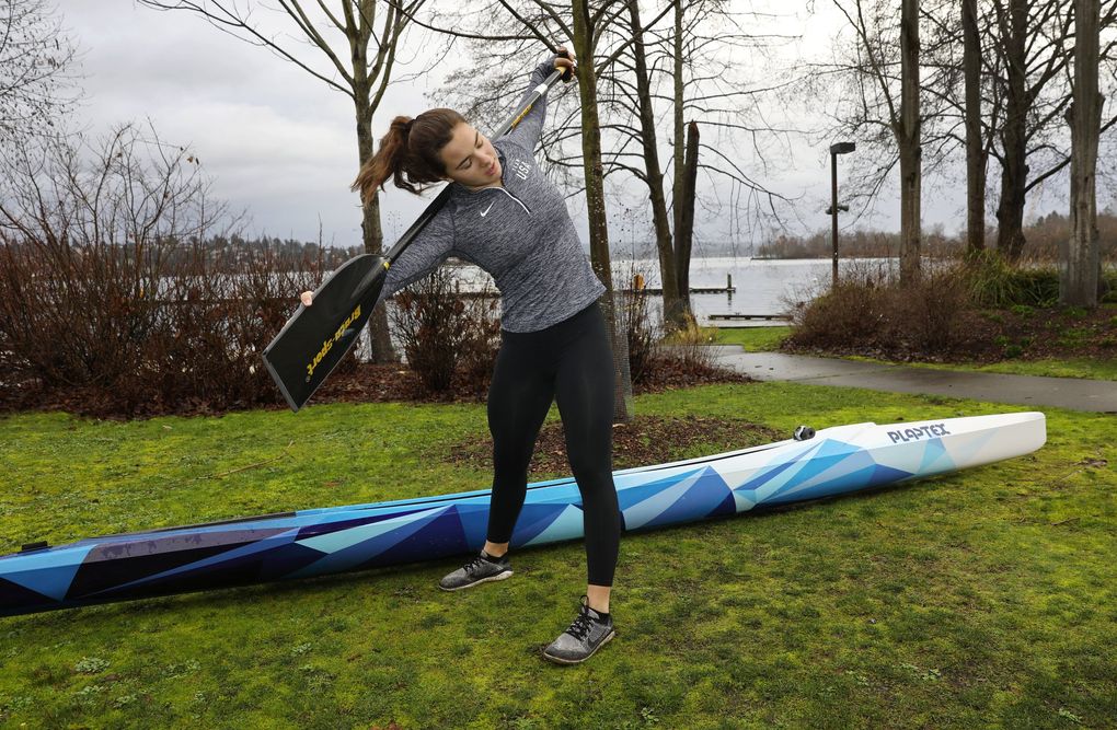 Nevin Harrison, stretching out before launching from the University of Washington, Tuesday, Jan. 28, 2020 in Seattle is a 17-year-old canoeist who has qualified for the 2020 Olympics. (Ken Lambert / The Seattle Times)