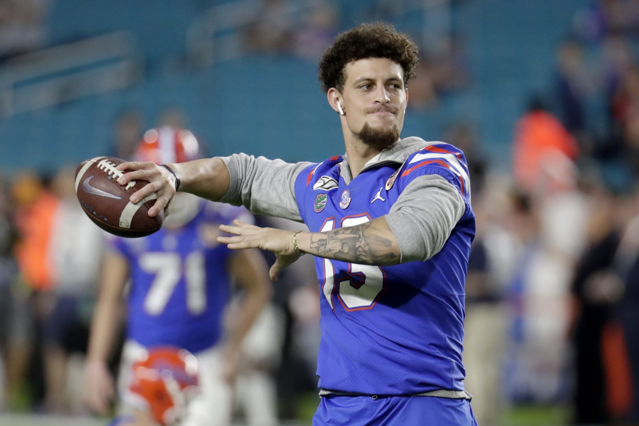 Feleipe Franks trucks defender while working at tight end for