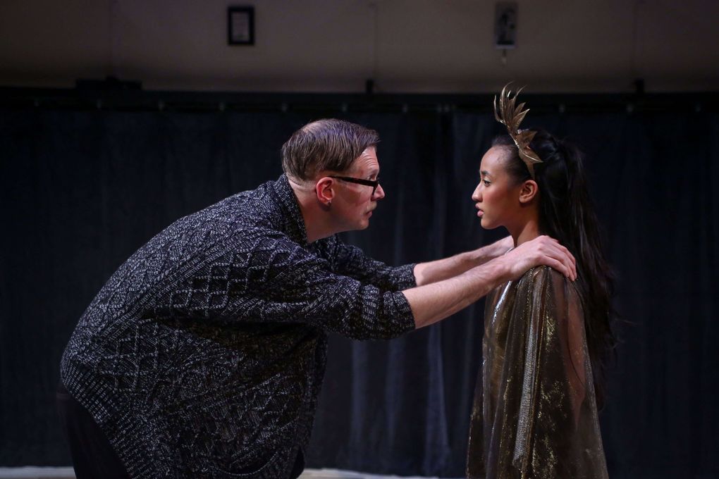 Dance Teacher Pat (Nik Doner) and the always-second-best dancer Zuzu (Rheanna Atendido) in Washington Ensemble Theatre’s production of Clare Barron’s “Dance Nation.” (Jeff Carpenter)