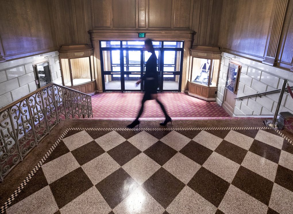 The Fairmont Olympic’s original terrazzo and marble floors that were covered with carpeting for over 50 years are being restored. (Steve Ringman / The Seattle Times)
