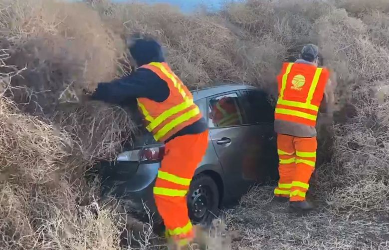 30-foot tumbleweed pileup traps cars, semi-truck on Washington highway