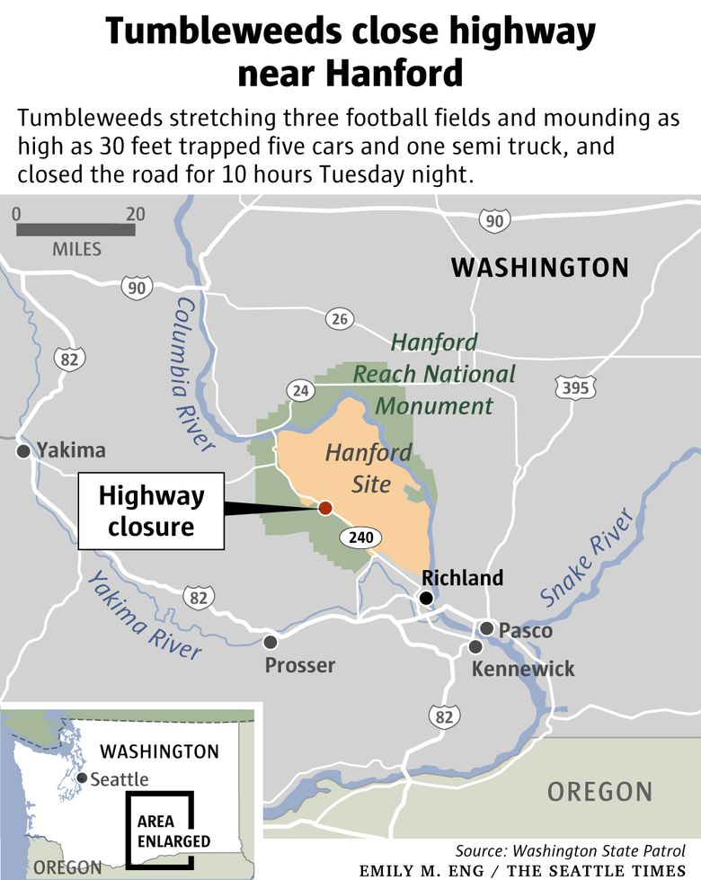 30-foot tumbleweed pileup traps cars, semi-truck on Washington highway
