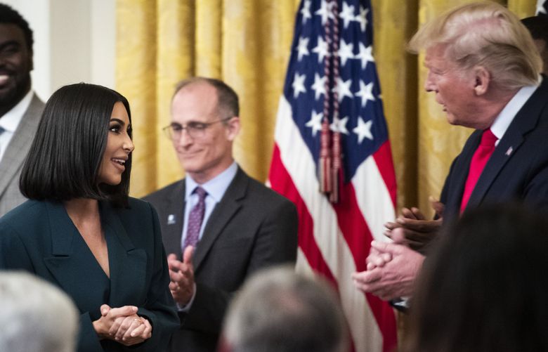 Kim Kardashian in June 2019 with President Trump, who has taken up clemency causes Kardashian championed. (Jabin Botsford / The Washington Post)