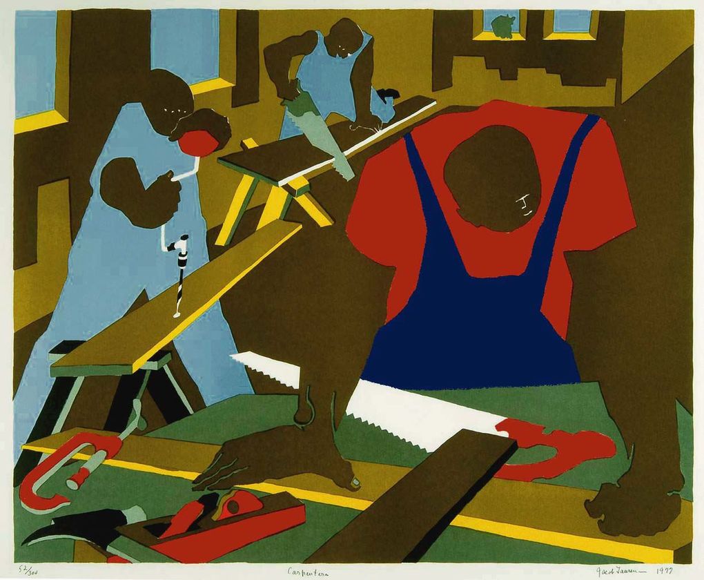 The Jacob Lawrence exhibition at Greg Kucera Gallery showcases dozens of works, including “Carpenters.” (Courtesy of Greg Kucera Gallery)