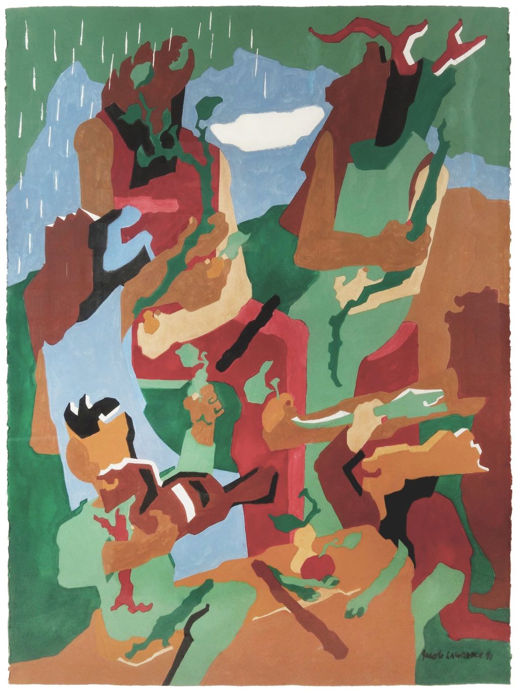 Jacob Lawrence’s large “Celebration of Heritage,” currently hanging at Greg Kucera Gallery, was commissioned by the American Indian Heritage Foundation. (Courtesy of Greg Kucera Gallery)
