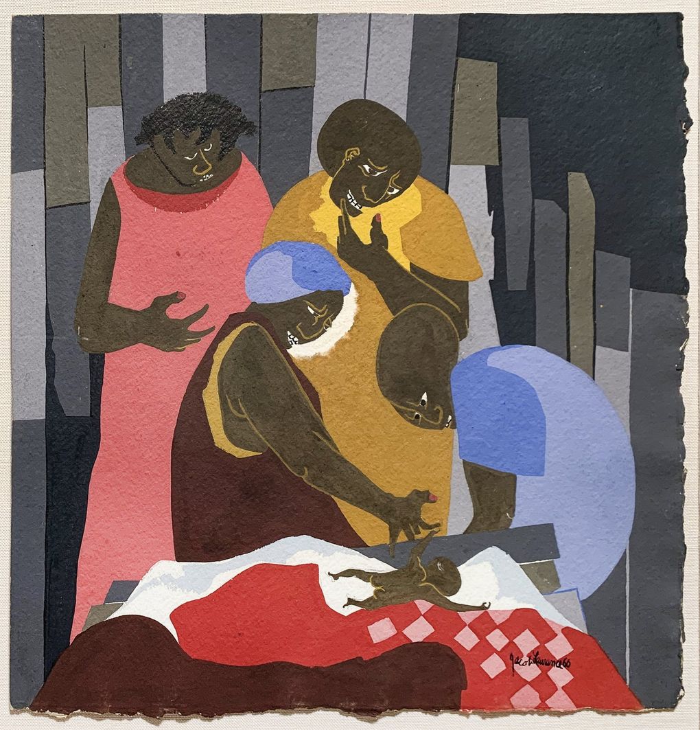 The extensive Jacob Lawrence exhibition, currently at Greg Kucera Gallery, shows off a large spectrum of Lawrence’s subjects and styles, including “Family,” a tender portrait of adults celebrating a new arrival to the family. (Courtesy of Greg Kucera Gallery)
