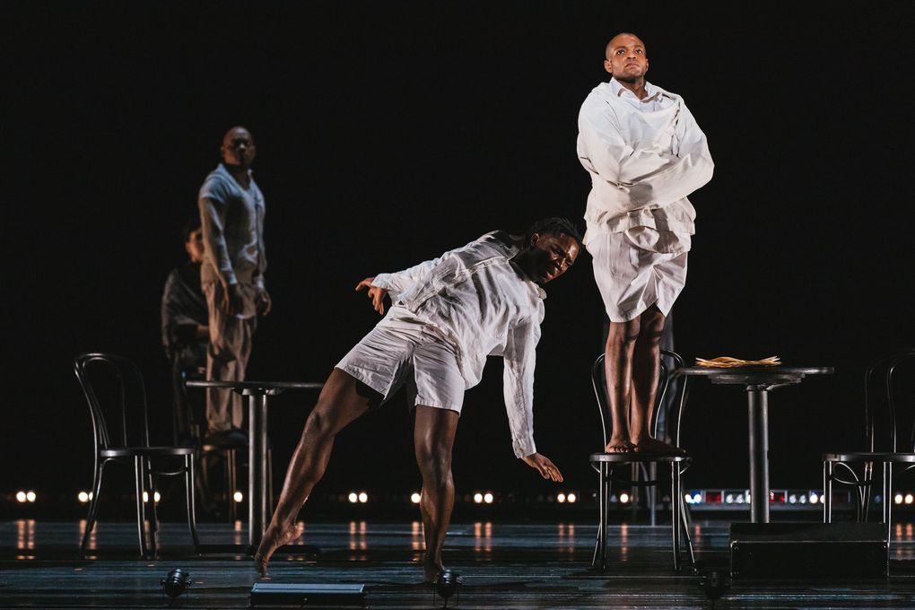 Frederick Ballentine (Charlie Parker) and Mikhail Calliste (dancer) in Seattle Opera’s “Charlie Parker’s Yardbird.” (Sunny Martini)