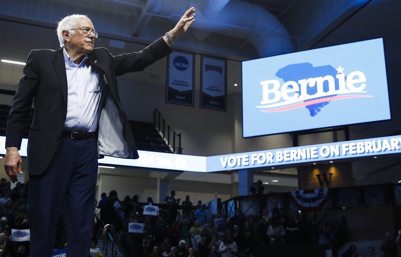 Democratic presidential candidate Sen. Bernie Sanders, I-Vt., waves during a campaign event, Thursday, Feb. 27, 2020, in Spartanburg, S.C. (AP Photo/Matt Rourke) SCMR188 SCMR188
