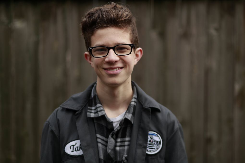 Taka Maxfield-Matsumoto, 15, had to solicit advice from builders across the country to construct Chopper, a character from the “Star Wars Rebels” cartoon. (Erika Schultz / The Seattle Times)