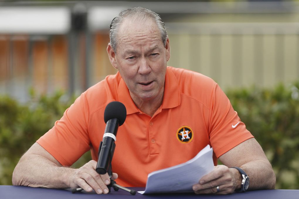 Owner Jim Crane of the Houston Astros reads a prepared statement Thursday in West Palm Beach, Florida. (Michael Reaves / TNS)