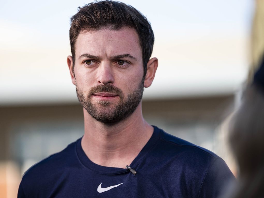 On Thursday, Mitch Haniger spoke to the media in Peoria, Arizona, for the first time since his recent surgery. (Dean Rutz / The Seattle Times)