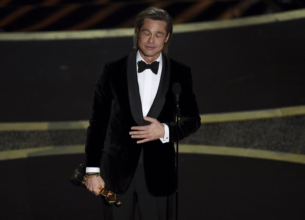 Brad Pitt accepts the award for best performance by an actor in a supporting role for “Once Upon a Time in Hollywood” at the Oscars on Sunday, Feb. 9, 2020, at the Dolby Theatre in Los Angeles. (AP Photo/Chris Pizzello) CADC188 CADC188 (Chris Pizzello / Chris Pizzello/Invision/AP)