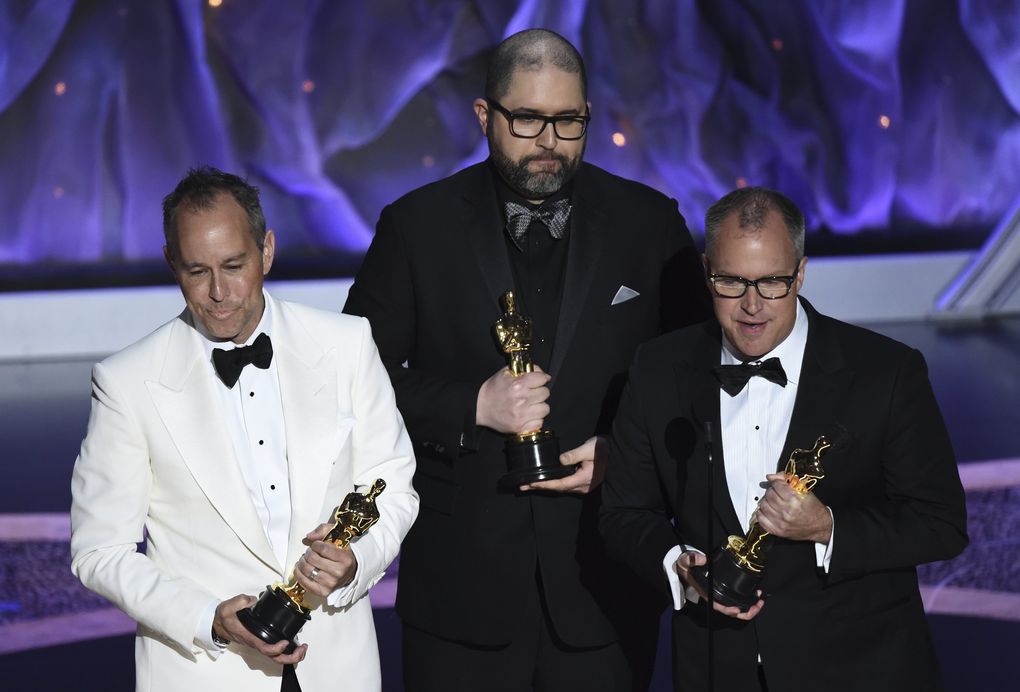 Jonas Rivera, from left, Josh Cooley and Mark Nielsen accept the award for best animated feature film for “Toy Story 4” at the Oscars on Sunday, Feb. 9, 2020, at the Dolby Theatre in Los Angeles. (AP Photo/Chris Pizzello) CADC205 CADC205 (Chris Pizzello / Chris Pizzello/Invision/AP)