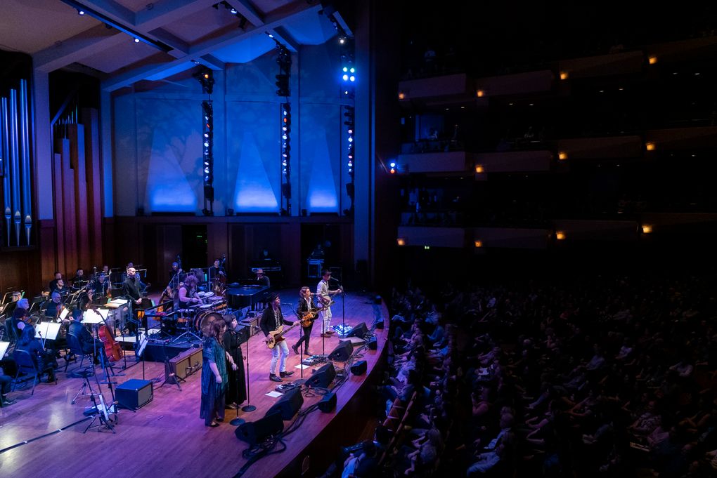 Brandi Carlile, Phil and Tim Hanseroth and The Secret Sisters perform with members of the Seattle Symphony at Benaroya Hall Friday night. (James Holt / Seattle Symphony)