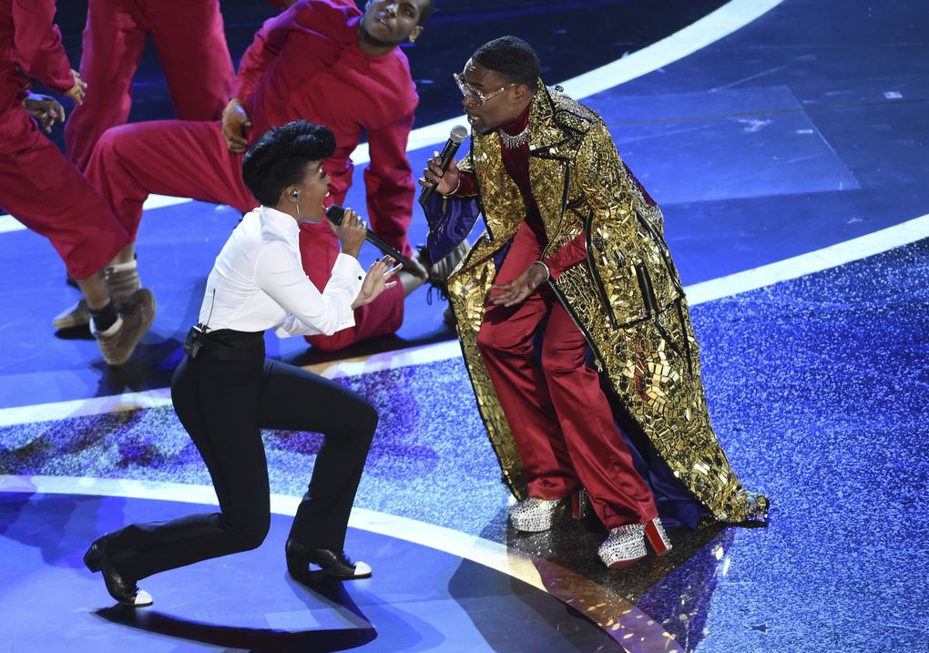 Janelle Monae, left, and Billy Porter perform onstage at the Oscars on Sunday in Los Angeles. (AP Photo/Chris Pizzello)