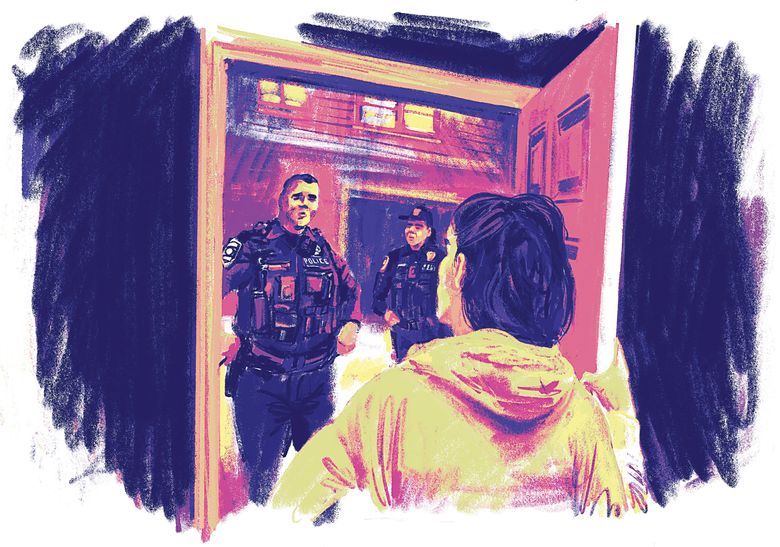 Officer Matthew Kerby said Porter Feller had caused a hit-and-run accident that left a woman in critical condition who “might not survive.” It was a ruse. (Illustration by Gabriel Campanario)