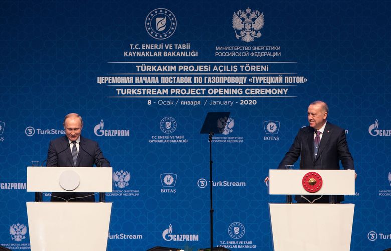 Vladimir Putin, Russia’s president (left) and Recep Tayyip Erdogan, Turkey’s president,during the inauguration ceremony for the TurkStream natural gas pipeline in Istanbul on Jan. 8, 2020. MUST CREDIT: Bloomberg photo by Kerem Uzel.