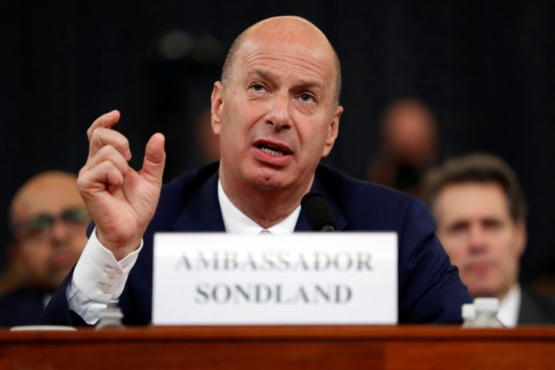 In this Wednesday, Nov. 20, 2019, file photo, U.S. Ambassador to the European Union Gordon Sondland testifies before the House Intelligence Committee on Capitol Hill in Washington, during a public impeachment hearing of President Donald Trump’s efforts to tie U.S. aid for Ukraine to investigations of his political opponents. President Donald Trump has ousted Sondland, who gave damaging testimony in impeachment inquiry.  (AP Photo/Andrew Harnik, File)