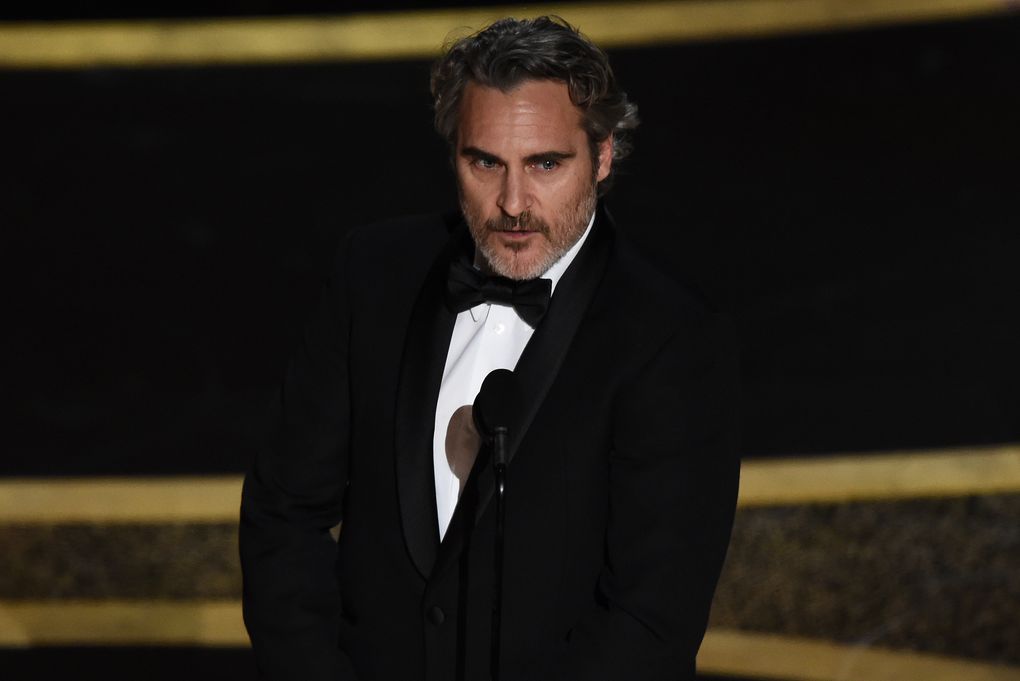 Joaquin Phoenix accepts the award for best performance by an actor in a leading role for “Joker” at the Oscars on Sunday, Feb. 9, 2020, at the Dolby Theatre in Los Angeles. (AP Photo/Chris Pizzello)