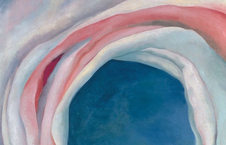Georgia O’Keeffe’s “Music, Pink and Blue, No. 1″ is a 1918 oil on canvas.