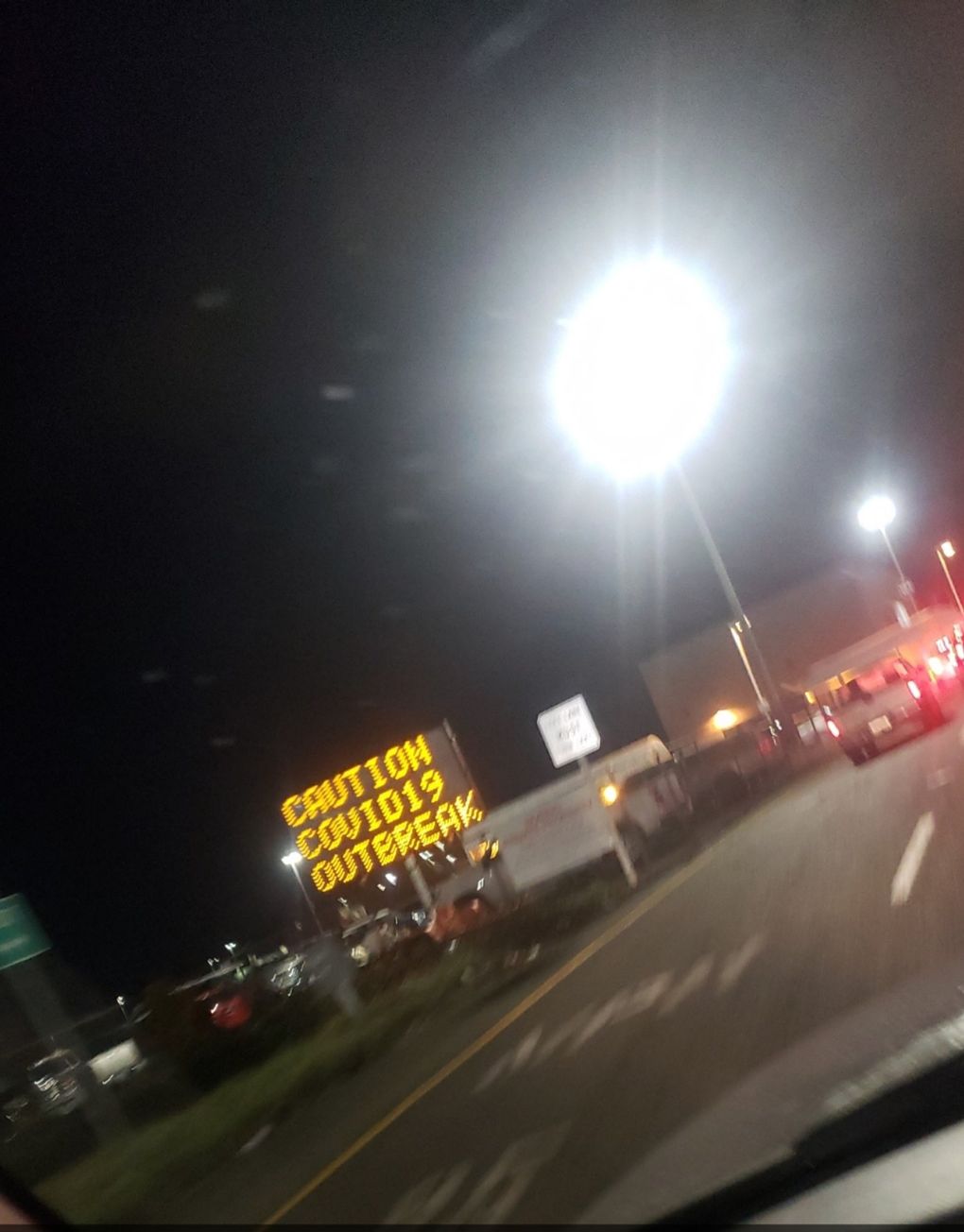 Early Monday morning, someone manipulated a large LED readerboard sign outside Boeing’s Everett plant to read “CAUTION. COVID19 OUTBREAK.” (Anonymous)