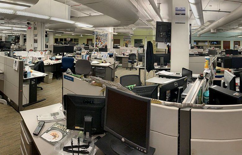 3:25 PM, Friday: The Seattle Times newsroom  is deserted on Friday, March 13, 2020, as staff works remotely in an effort to help slow the spread of coronavirus.