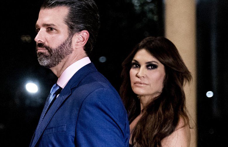 FILE — Kimberly Guilfoyle and Donald Trump Jr. attend a Christmas Eve party at the Mar-a-Lago resort in Palm Beach, Fla., Dec. 24, 2019. Attendees of the bash for Kimberly Guilfoyle at the president’s private club were asked to chip in – including financial backers of the Trump re-election campaign. (Anna Moneymaker/The New York Times) XNYT196 XNYT196