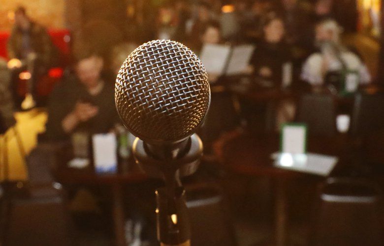 All that stands between a comic and the audience at open mic night is just that, at the Comedy Underground, Monday, Jan. 27, 2020 in Seattle’s Pioneer Square neighborhood. 212752