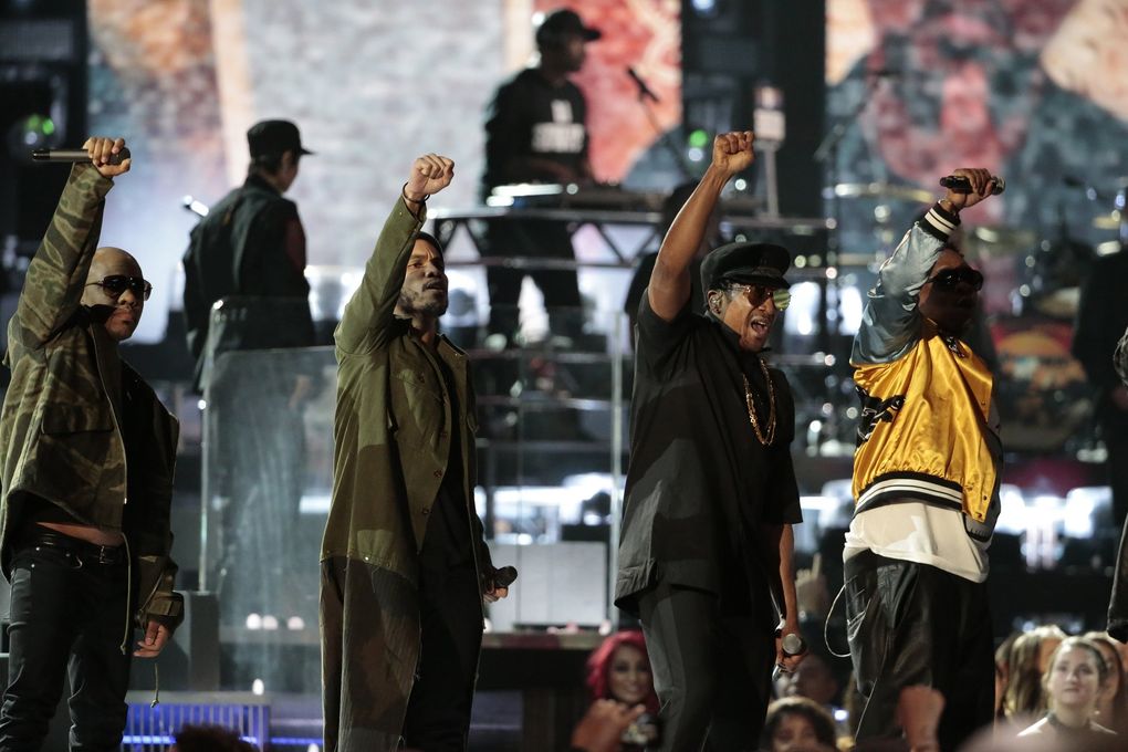 A Tribe Called Quest (with Anderson .Paak, second from left) performs during the 59th Annual Grammy Awards in 2017. (Robert Gauthier / Los Angeles Times)