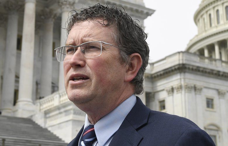 Rep. Thomas Massie, R-Ky., leaves Capitol Hill in Washington, Friday, March 27, 2020, after attempting to slow action on a rescue package. Despite Massie’s effort and acting with exceptional resolve in an extraordinary time, the House rushed President Donald Trump a $2.2 trillion rescue package, tossing a life preserver to a U.S. economy and health care system left flailing by the coronavirus pandemic. (AP Photo/Susan Walsh) DCSW122 DCSW122