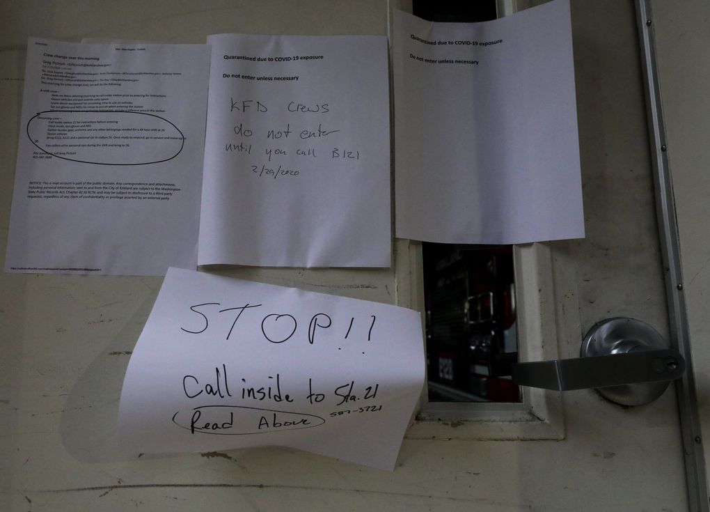 Kirkland Fire Station 21 on Forbes Creek Drive has been quarantined. There is a “stop” handwritten notice on the door. (Alan Berner / Alan Berner)