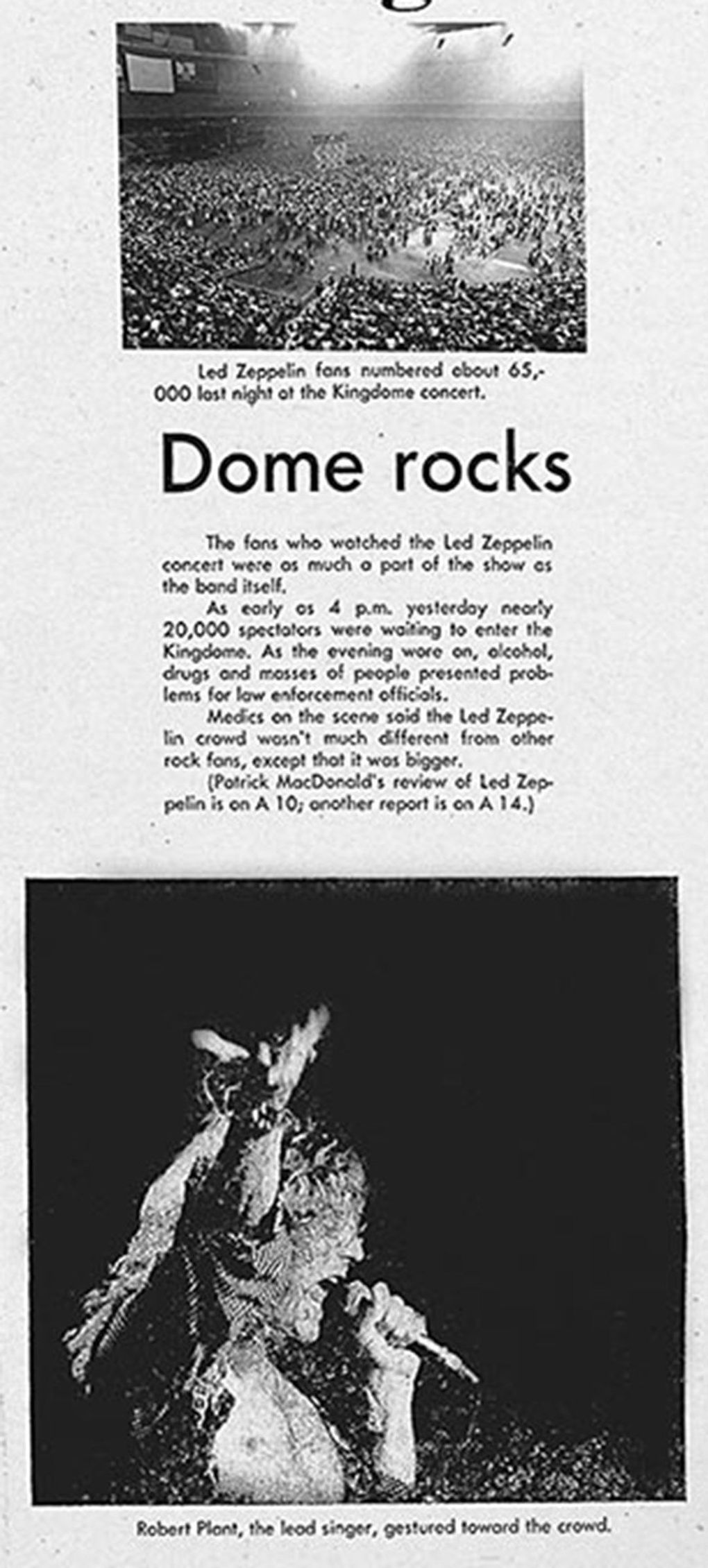 July 18, 1977 clipping from The Seattle Times.
Above: Led Zeppelin fans numbered about 65,000 last night at the Kingdom concert.
Below: Robert Plant, the lead singer, gestured toward the crowd. (Greg Gilbert / The Seattle Times)