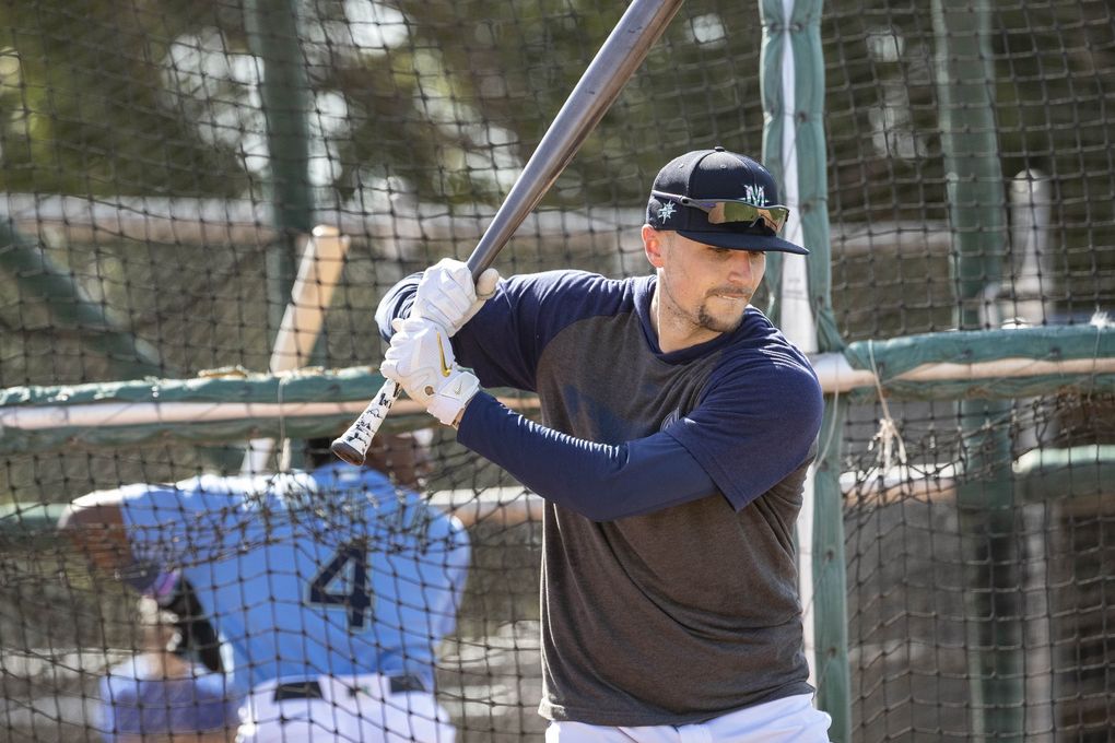 Braden Bishop waits for his turn in the batting cage Feb. 18 in Peoria, Arizona. (Dean Rutz / The Seattle Times)