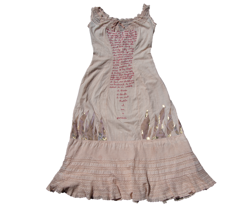 “Maeve” by Julie Thurber, a 2019 work made of textile, hand stitching, vegetable dye and gold leaf, is part of the “On the Shoulders of Women” exhibit at Vashon Center for the Arts. (Courtesy of the artist)