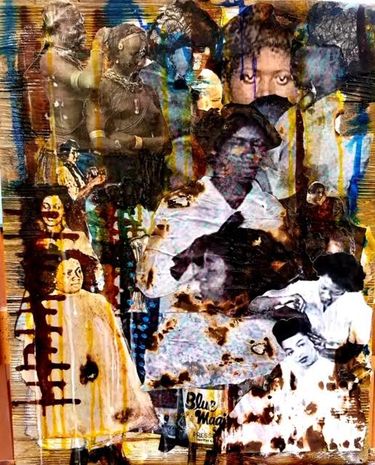 Mixed-media work with found photographs on reclaimed wood by Lavett Ballard, whose work is currently on view at Wa Na Wari. This work reflects on African American beauty ideals and practices. (Courtesy of the artist)