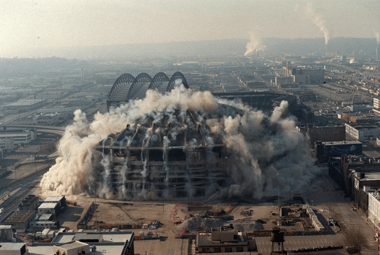 A sequence of images showing the implosion of the Kingdome on March 26, 2000. (Ellen M. Banner / The Seattle Times)