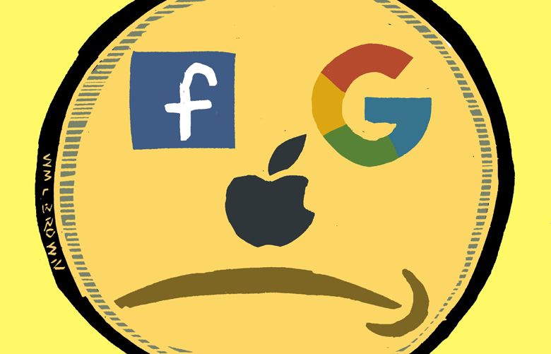This artwork by William Brown refers to government anti-monopoly investigations into Amazon, Google, Facebook and Apple.
