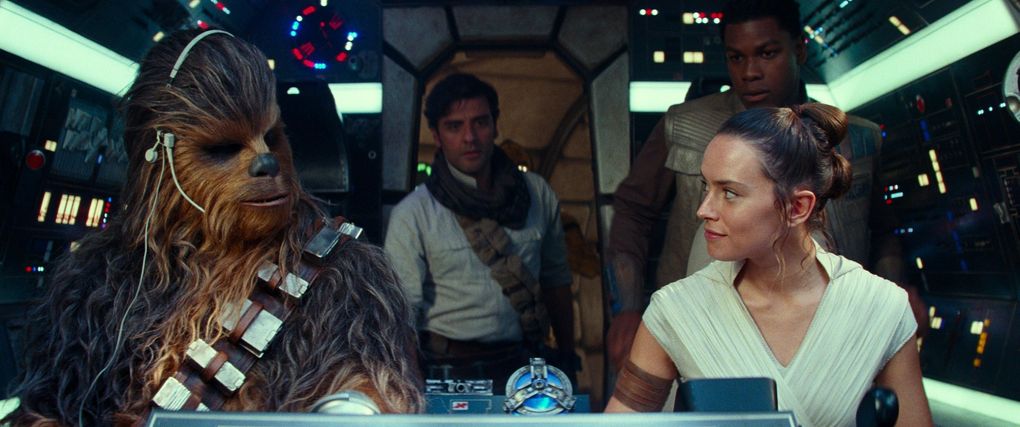 Chewbacca, Poe Dameron (Oscar Isaac), Rey (Daisy Ridley) and Finn (John Boyega) in “Star Wars: Episode IX — The Rise of Skywalker.” (Lucasfilm Ltd.)