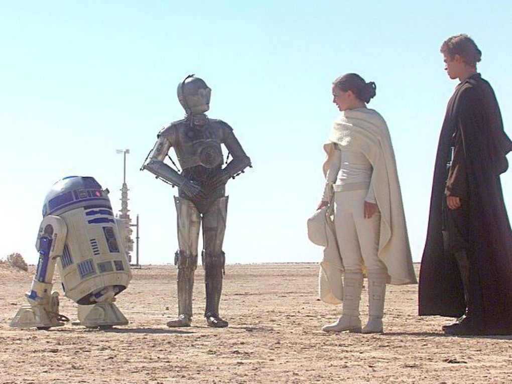 R2D2, C3-PO, Padmé Amidala (Natalie Portman) and Anakin Skywalker (Hayden Christensen) in “Star Wars: Episode II — Attack of the Clones.” (Kurt Strazdins / Lucasfilm Ltd.)