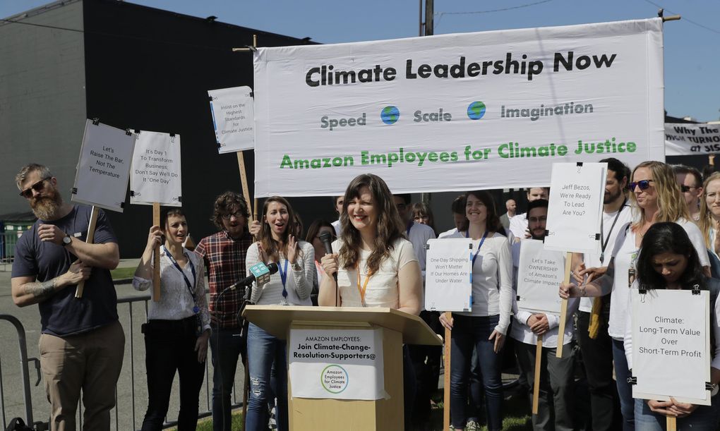 Emily Cunningham speaks during a news conference held by Amazon Employees for Climate Justice after Amazon’s annual shareholders meeting in May. Cunningham is one of two leaders of the group fired by the company this month.
(Ted S. Warren / AP)