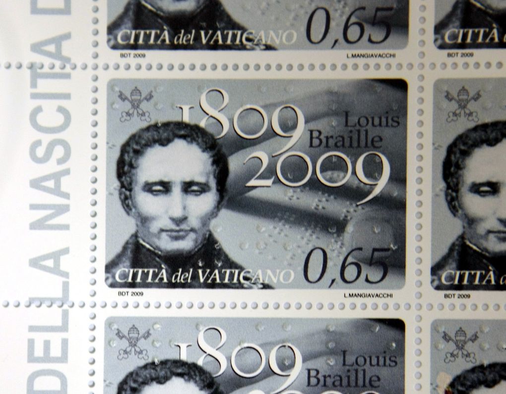 A Vatican City State stamp commemorating the 200th anniversary of the birth of Louis Braille, the French creator of the writing and reading system for the blind. (Andrew Medichini / The Associated Press)