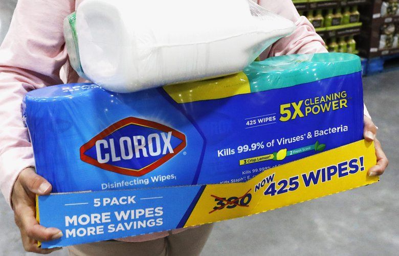 FILE – In this March 12, 2020, file photo, a Costco customer buys cleaning supplies in Ridgeland, Miss. Reports of accidental poisonings from cleaners and disinfectants are up sharply, and researchers believe it’s related to the coronavirus epidemic. Such poisonings were up about 20 percent in the first three months of this year, compared to the same periods in 2018 and 2019.. The Centers for Disease Control and Prevention released the report Monday, April 20. (AP Photo/Rogelio V. Solis, File) NYHK101 NYHK101