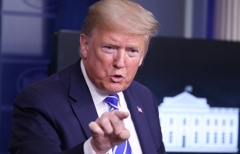 US President Donald J. Trump is joined by members of the Coronavirus Task Force to deliver remarks on the COVID-19 pandemic in the James S. Brady Press Briefing Room of the White House in Washington, DC, on April 23, 2020. (Sipa USA/TNS) 1643591 1643591